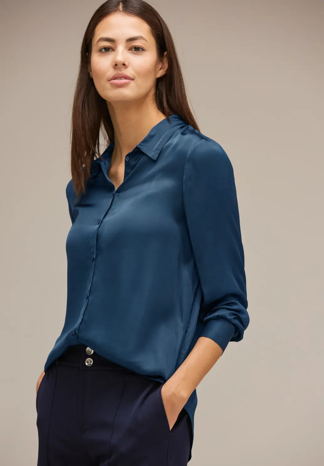 Street One - Solid Satin Shirtcollar Blouse - 344338