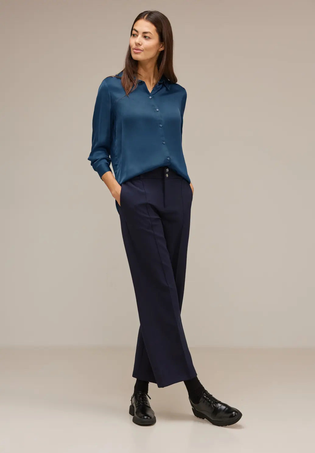 Street One - Solid Satin Shirtcollar Blouse - 344338