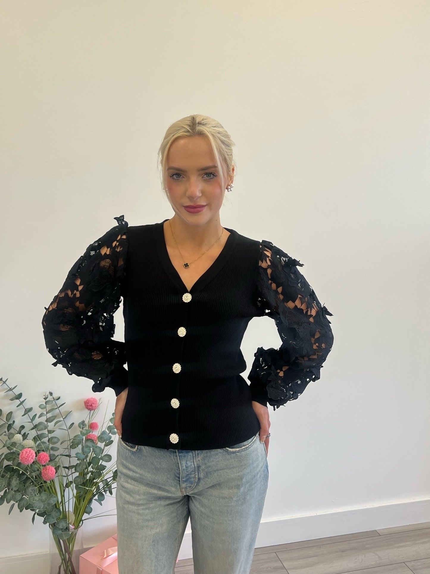 Lipstick - Crochet Sleeved Buttoned Top - M05146