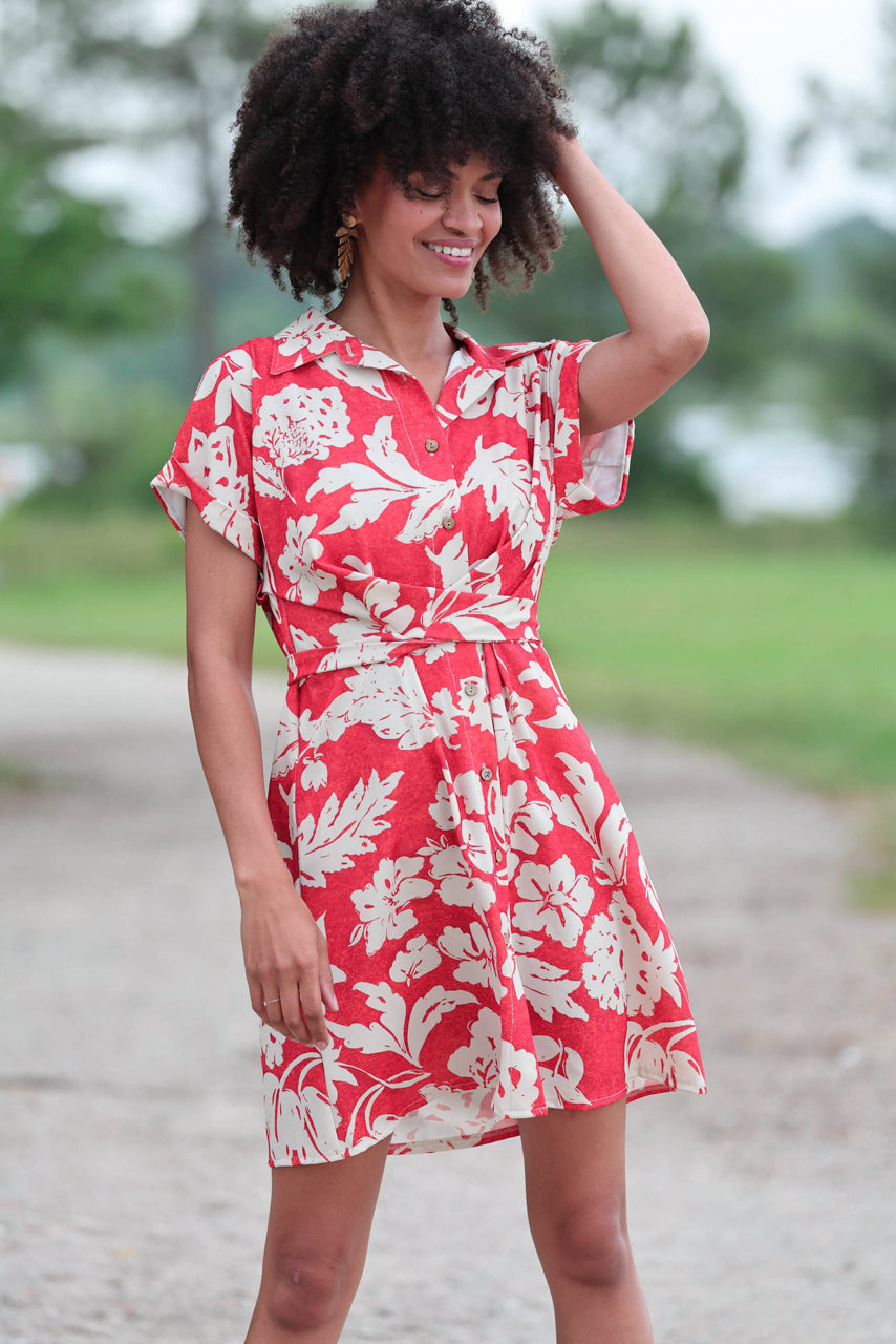 Actuelle - Short-sleeved V-Neck Shirt Dress - 24E007