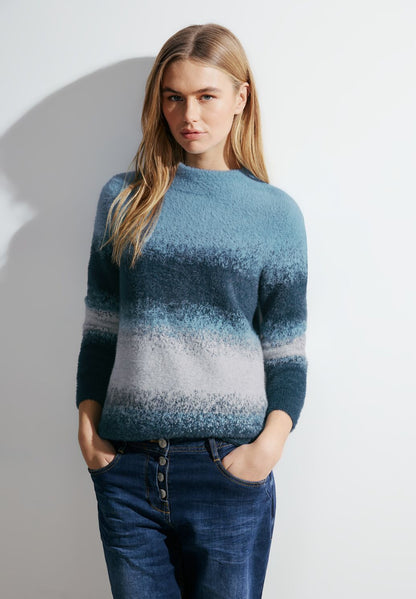 Cecil - Striped Feather Yarn Turtle Neck - 302644