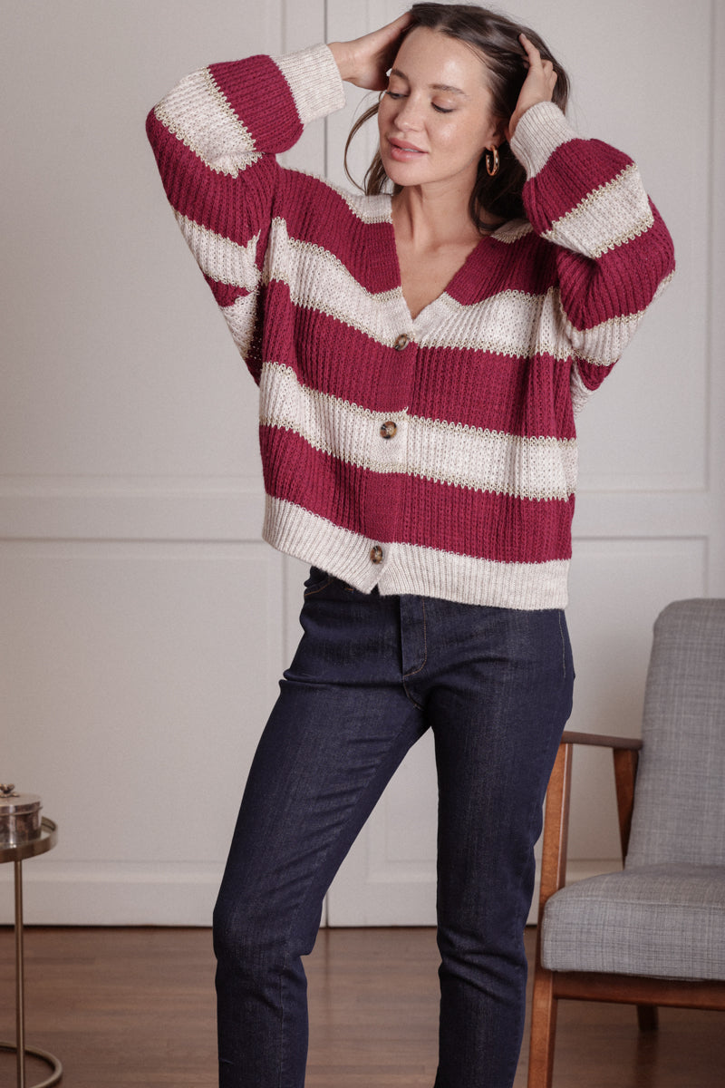 Actuelle - Stripped V-Neck Cardigan - 23h010