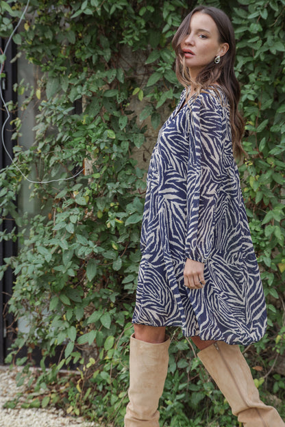 Actuelle - V-Neck Dress with Zebra Print - 23H026